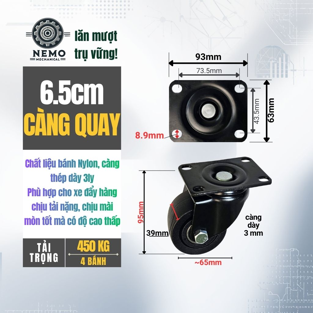 Bánh Xe Nylon Lùn Tải Nặng – Trọng Tâm Thấp, Càng Thép Dày 3mm (D50, D65, D75)